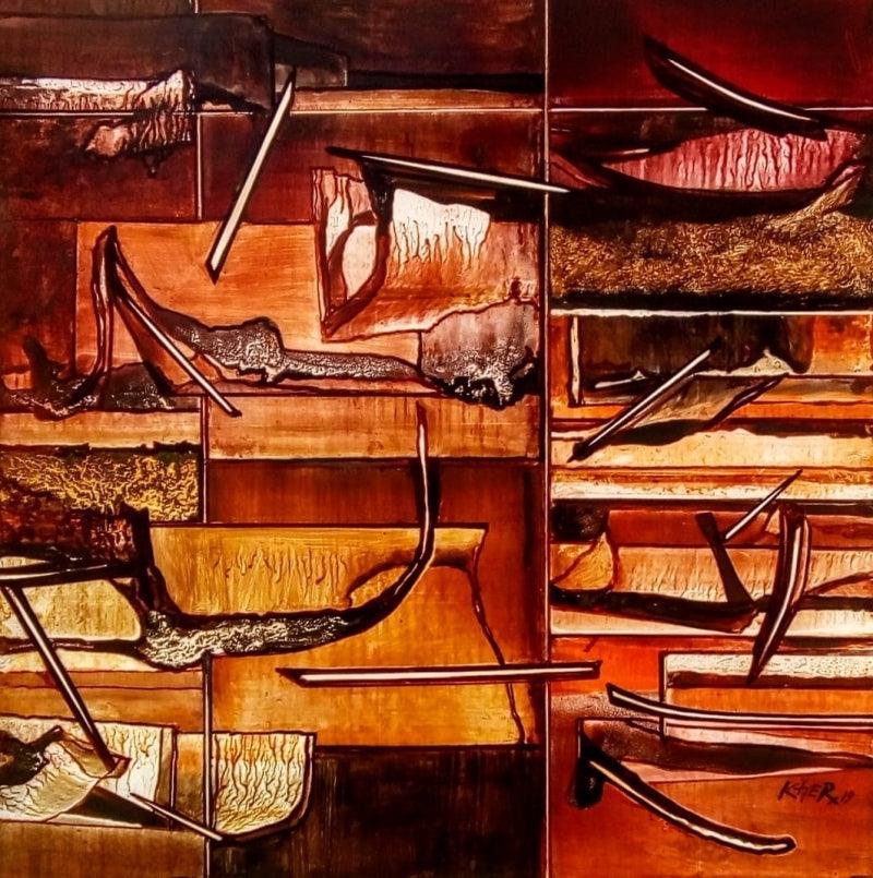 Abstract mixed media painting titled 'Nature 1', 18x18 inches, by artist Ramesh Kher on Paper