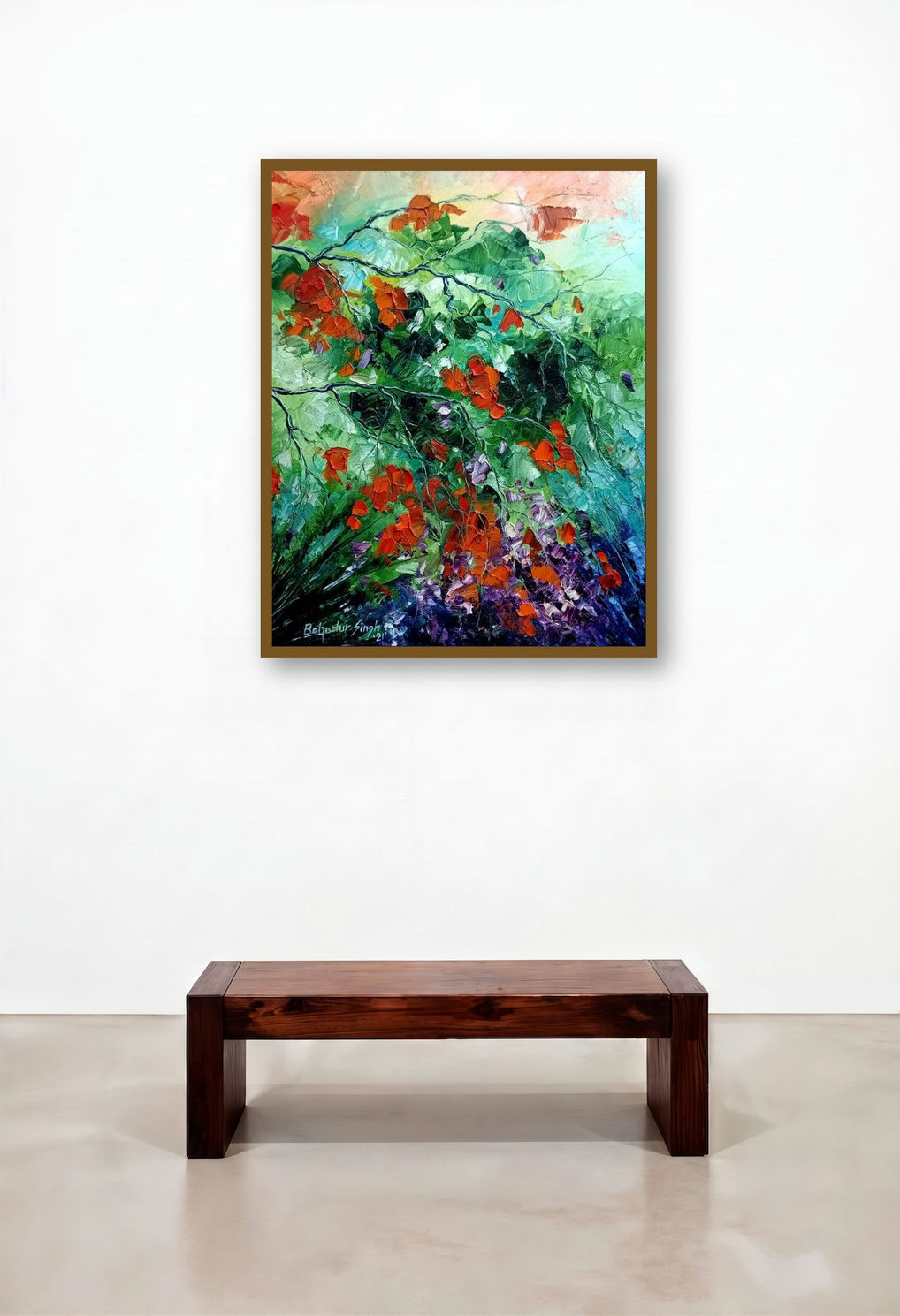 Nature 1 (Golden Canopy) by artist Bahadur Singh displayed in a Scandinavian Library