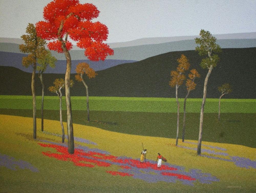 Landscape oil painting titled 'Nature 4', 36x48 inches, by artist Satish Mane on Canvas