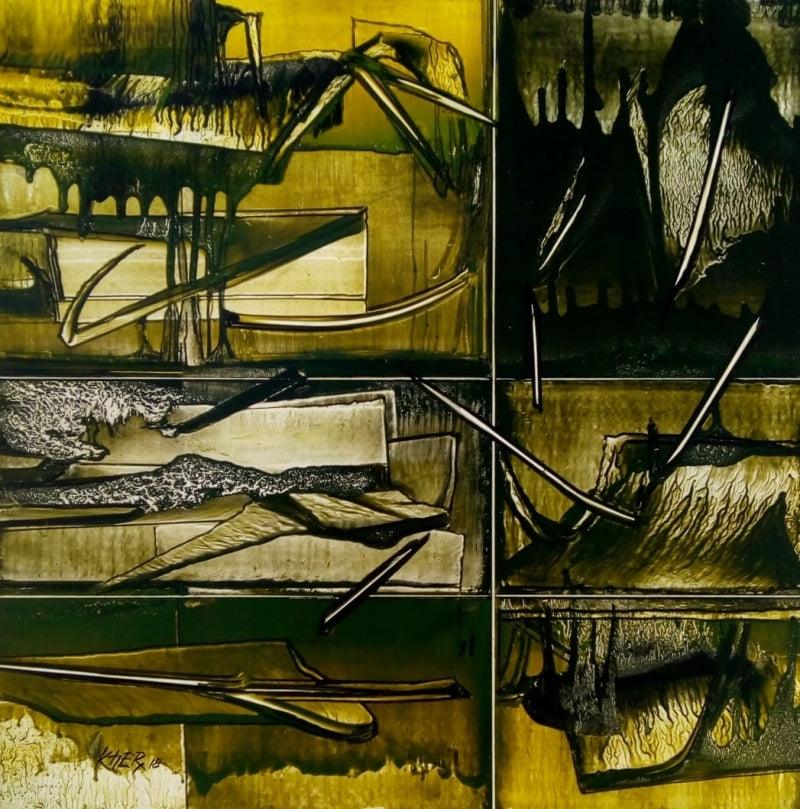 Abstract mixed media painting titled 'Nature 8', 18x18 inches, by artist Ramesh Kher on Paper