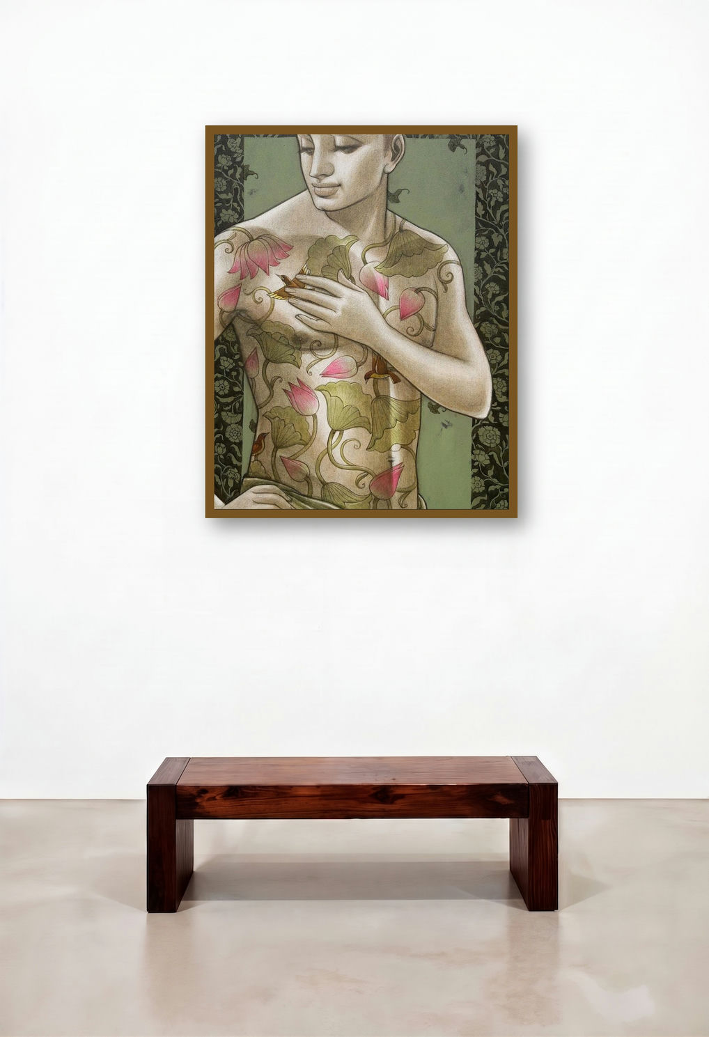 Nature (Woman with Lotus and Bird) by artist Sukanta Das displayed in a Classic Dining Room