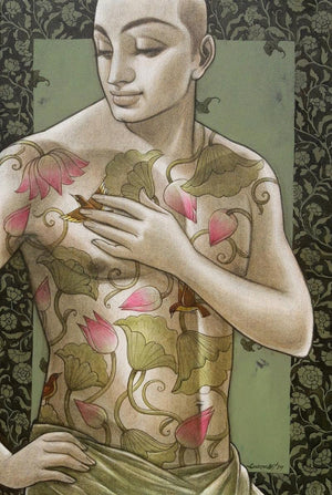 Figurative mixed media painting titled 'Nature', 36x24 inches, by artist Sukanta Das on Canvas
