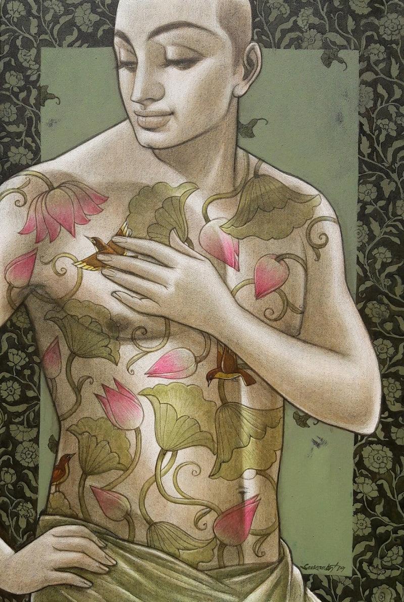 Figurative mixed media painting titled 'Nature', 36x24 inches, by artist Sukanta Das on Canvas