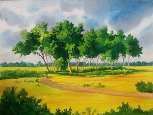 Nature (Sylvan Symphony) by Rahul Salve, Original Watercolor Landscape Painting on Paper, Small Horizontal Wall Art