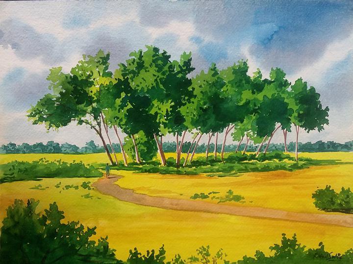 Landscape watercolor painting titled 'Nature', 15x11 inches, by artist Rahul Salve on Paper