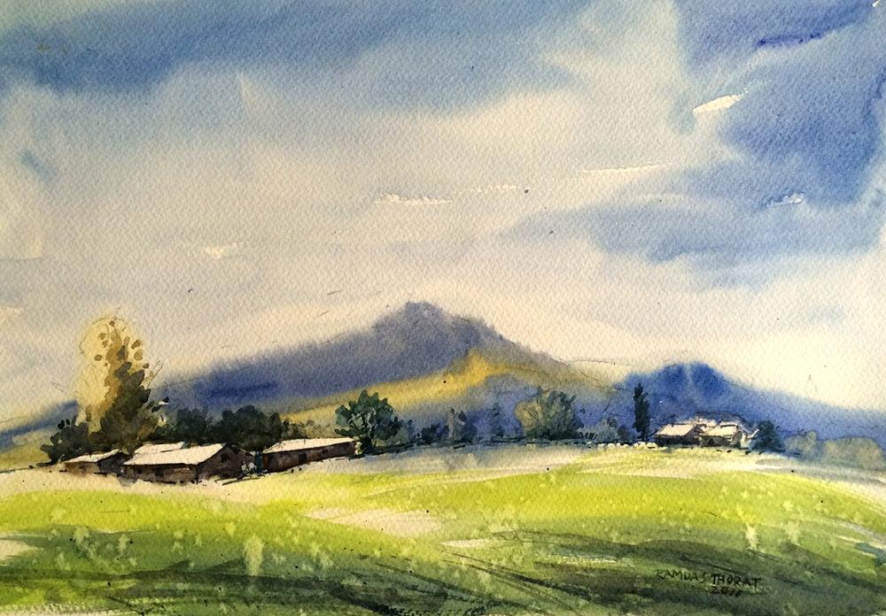Landscape watercolor painting titled 'Nature', 14x18 inches, by artist Ramdas Thorat on Paper