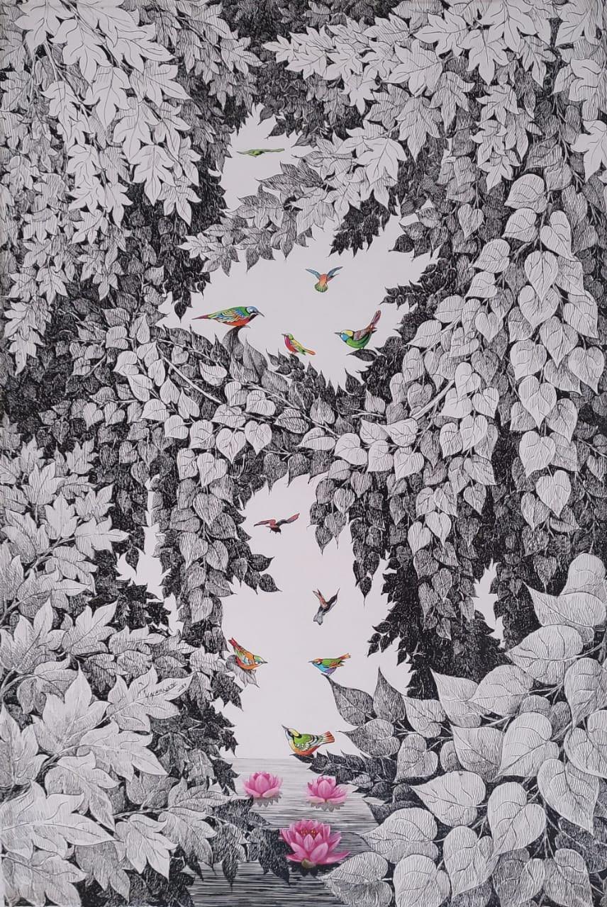 Nature acrylic ink painting titled 'Nature', 36x24 inches, by artist Umakant Kanade on Canvas