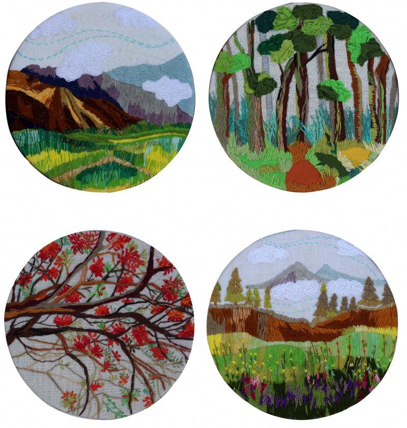 Landscape mixed media painting titled 'Nature', 24x24 inches, by artist Shatabdi Roy on Cloth