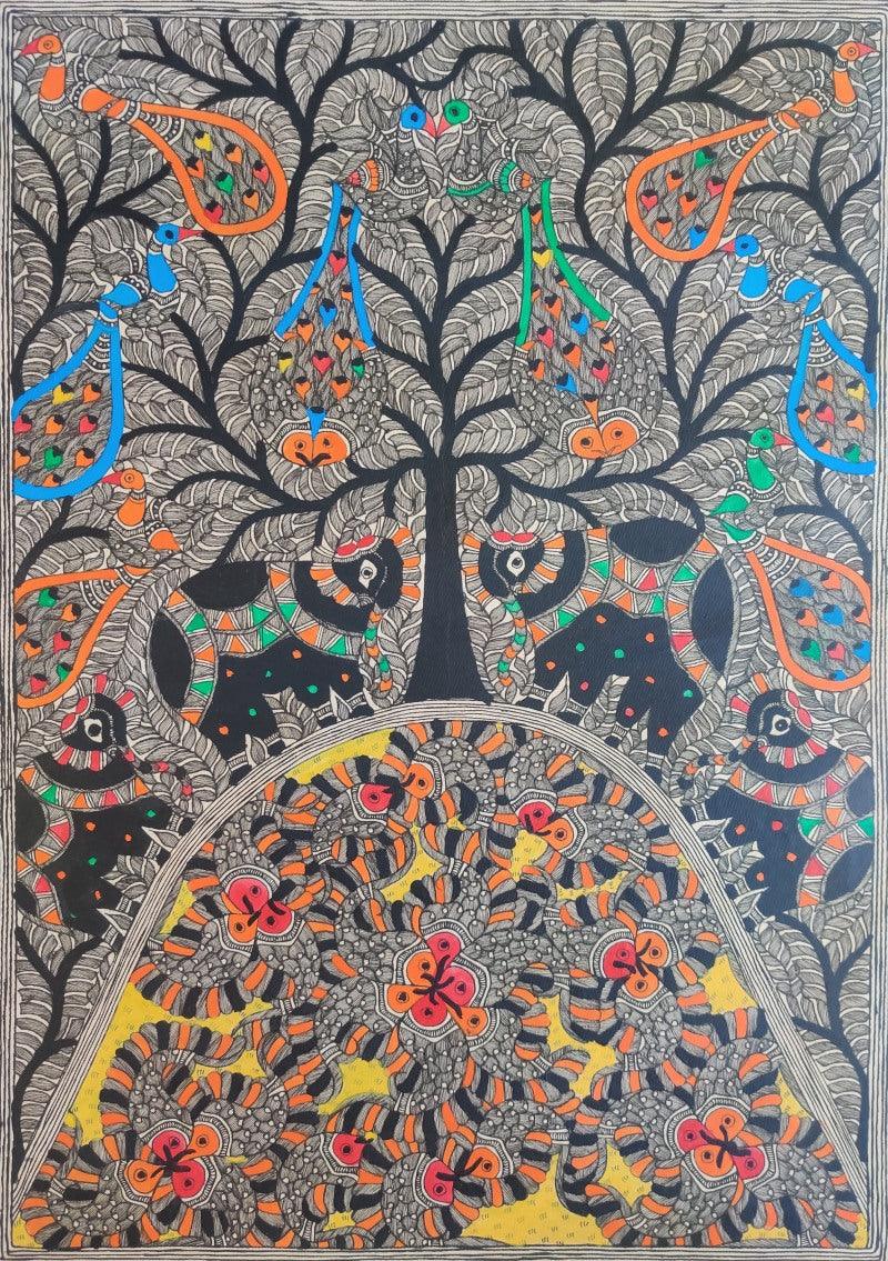 Nature madhubani traditional art titled 'Nature', 30x22 inches, by artist Mithilesh Jha on Paper