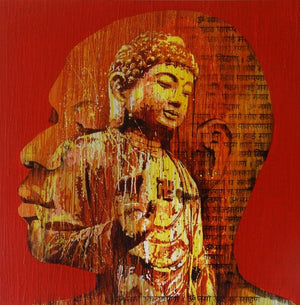 Figurative acrylic painting titled 'Nirvana', 36x36 inches, by artist Nayanjeet Nikam on Canvas