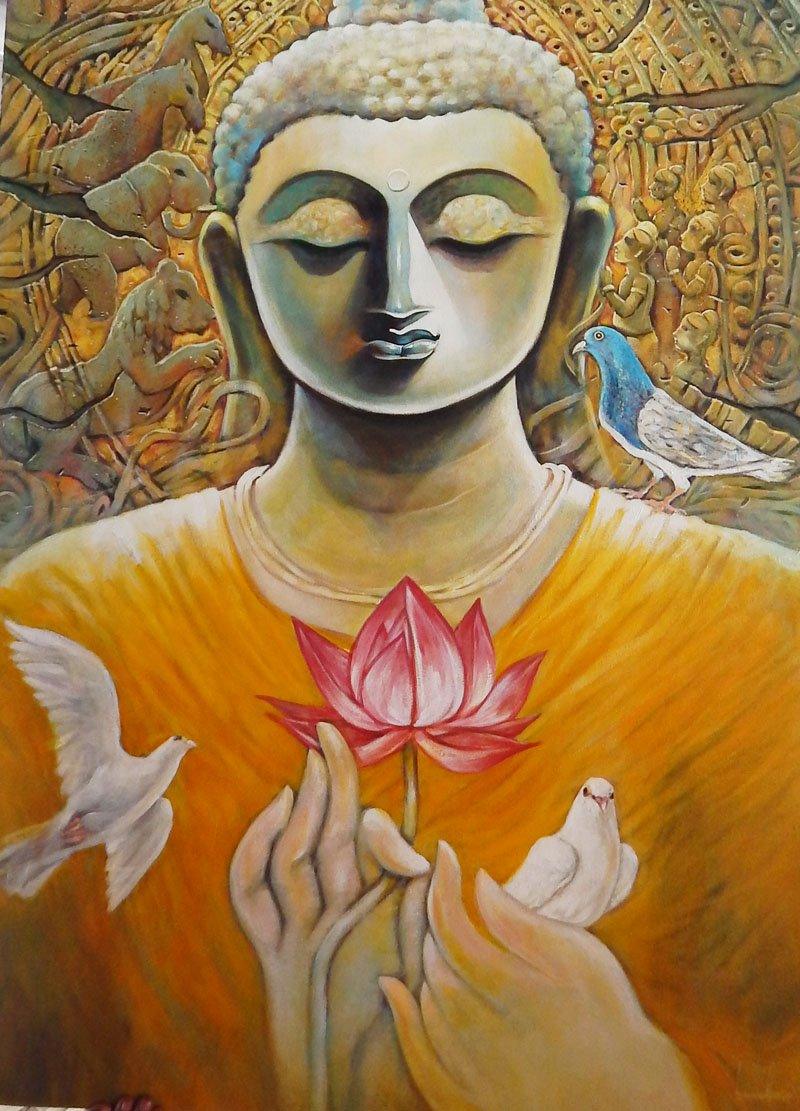 Figurative acrylic painting titled 'Nirvana', 36x48 inches, by artist Subrata Ghosh on Canvas