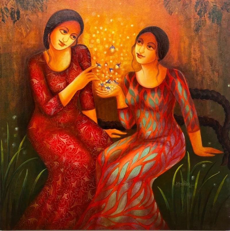 Figurative acrylic painting titled 'Nostalgia 2', 30x30 inches, by artist Monalisa Sarkar on Canvas
