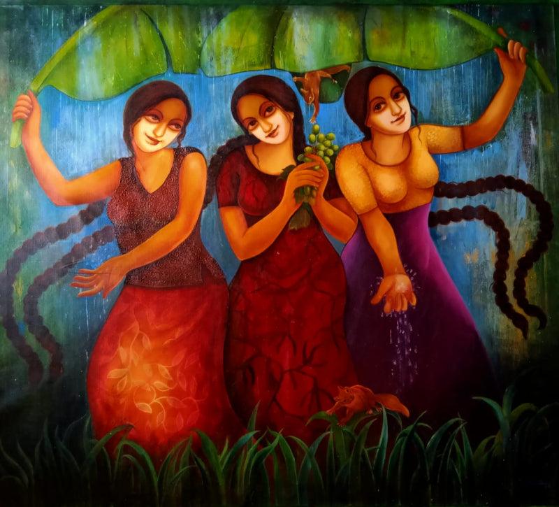 Figurative acrylic painting titled 'Nostalgia 6', 42x48 inches, by artist Monalisa Sarkar on Canvas
