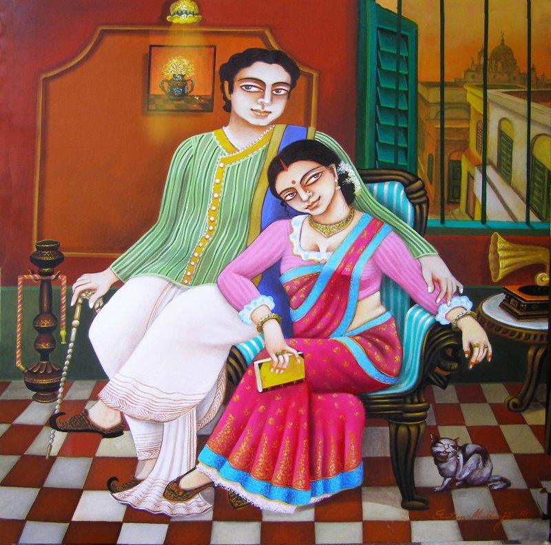 Figurative acrylic painting titled 'Nostalgia', 33x33 inches, by artist Gautam Mukherjee on Canvas