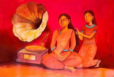 Figurative acrylic painting titled 'Nostalgia', 22x27 inches, by artist Paramita Chowdhury on Paper