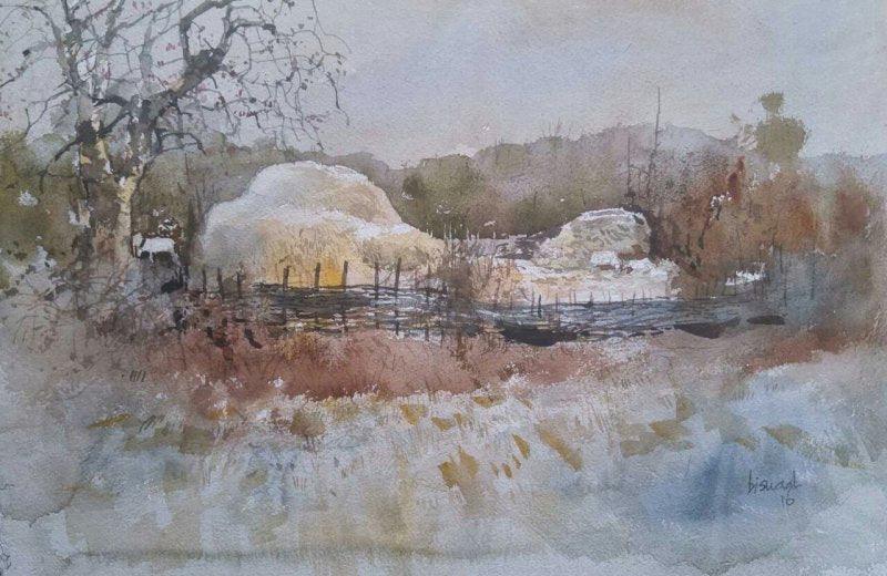 Cityscape watercolor painting titled 'Odhisa Village', 14x19 inches, by artist Bijay Biswaal on Paper