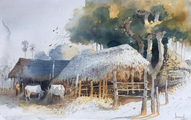 Cityscape watercolor painting titled 'Odisha Village 2', 14x21 inches, by artist Bijay Biswaal on Paper
