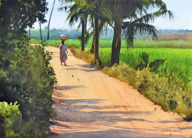 Cityscape watercolor painting titled 'Off To Work', 10x14 inches, by artist Ramesh Jhawar on Paper