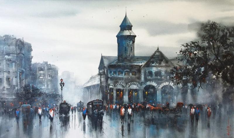 Cityscape acrylic painting titled 'Old Bombay', 36x60 inches, by artist Ashif Hossain on Canvas