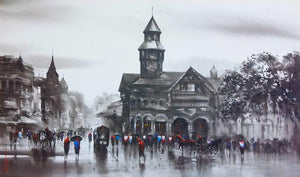 Cityscape acrylic painting titled 'Old Bombay', 36x60 inches, by artist Ashif Hossain on Canvas