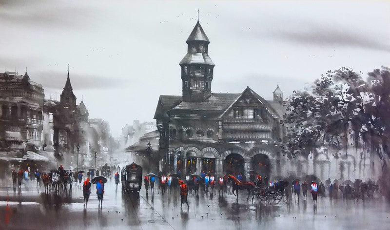 Cityscape acrylic painting titled 'Old Bombay', 36x60 inches, by artist Ashif Hossain on Canvas