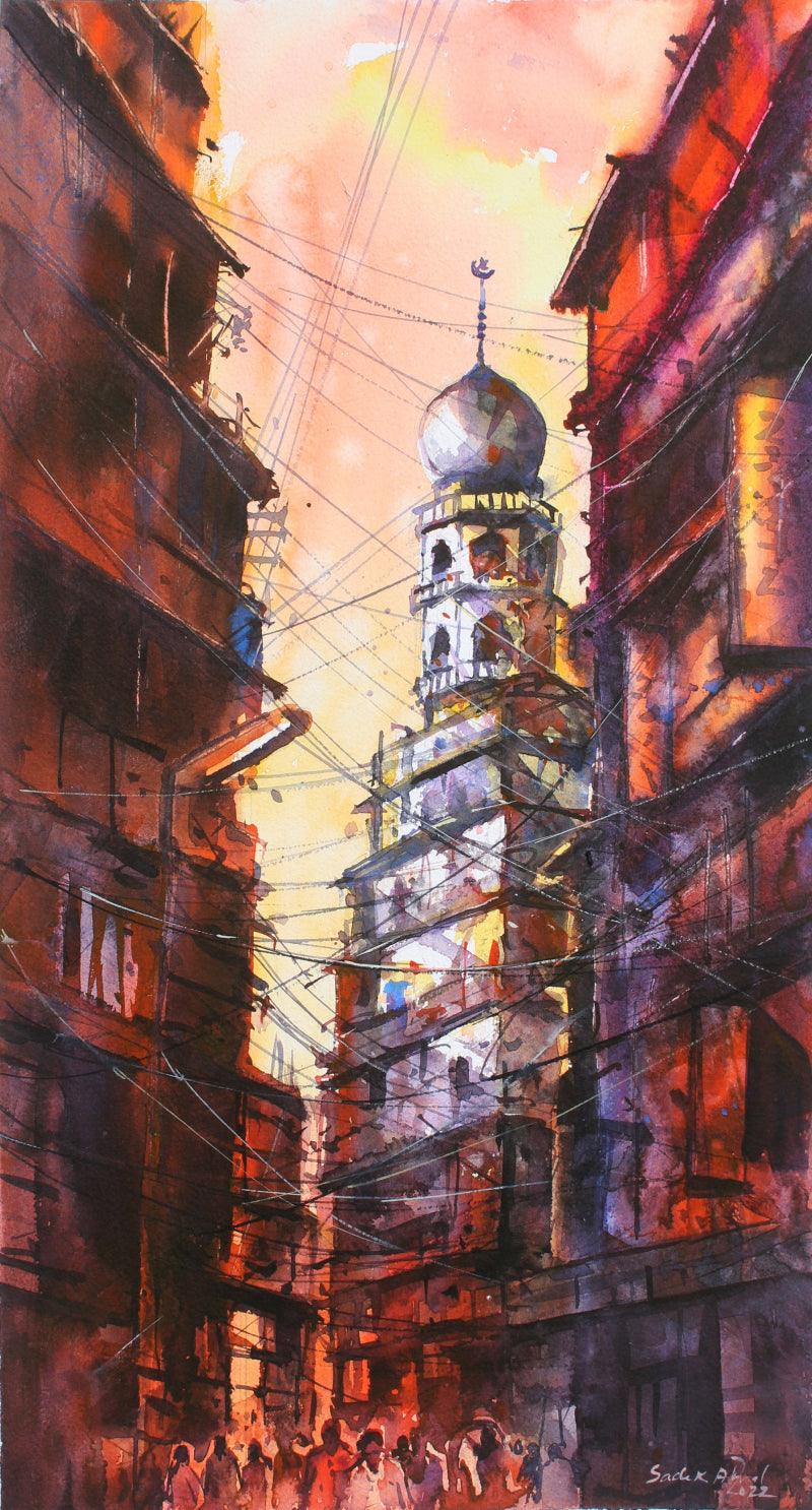 Landscape watercolor painting titled 'Old City', 10x20 inches, by artist Sadek Ahmed on Paper