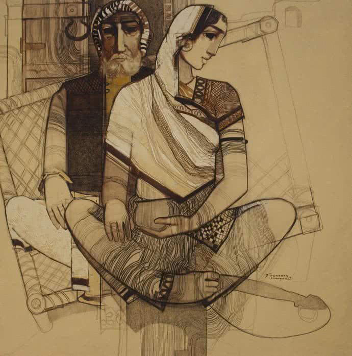Figurative acrylic painting titled 'Old Couple', 48x48 inches, by artist Siddharth Shingade on Canvas