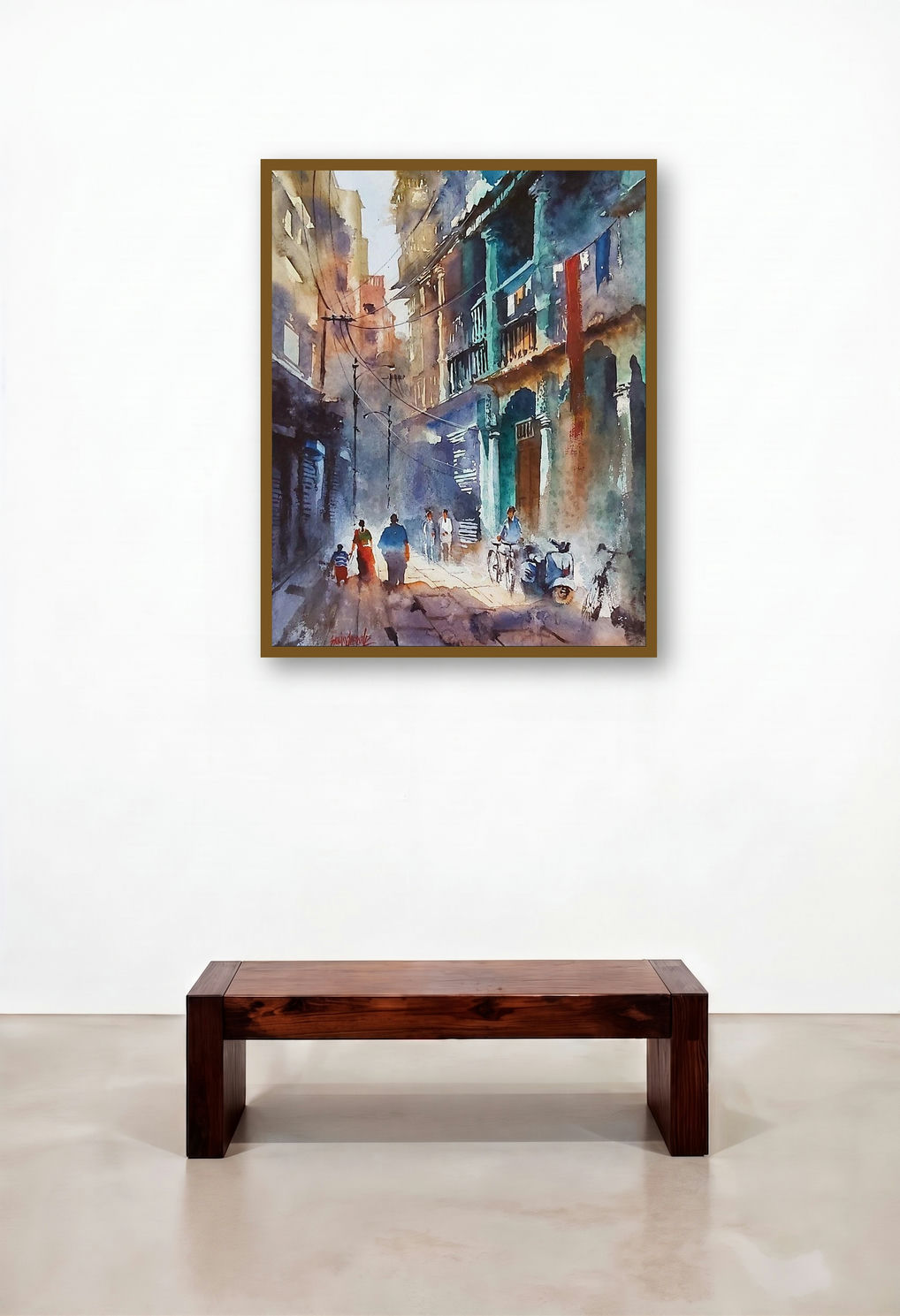 Old House (Quiet Corner) by artist Sanjay Dhawale displayed in a Boutique Hotel Style Lounge
