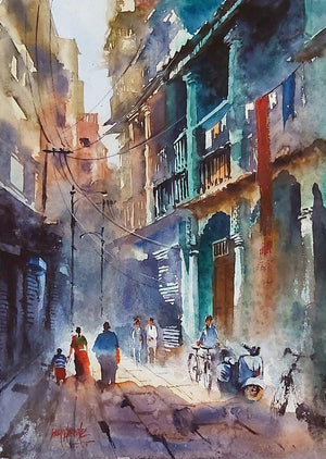 Old House (Quiet Corner) by Sanjay Dhawale, Original Watercolor Cityscape Painting on Handmade Paper, Small Vertical Wall Art