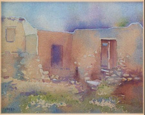Old House by Fareed Ahmed, Original Watercolor Cityscape Painting on Canvas Board, Small Horizontal Wall Art