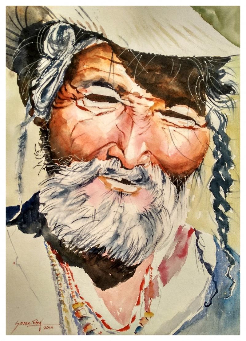Portrait watercolor painting titled 'Old Man', 20x14 inches, by artist Soven Roy on Handmade paper
