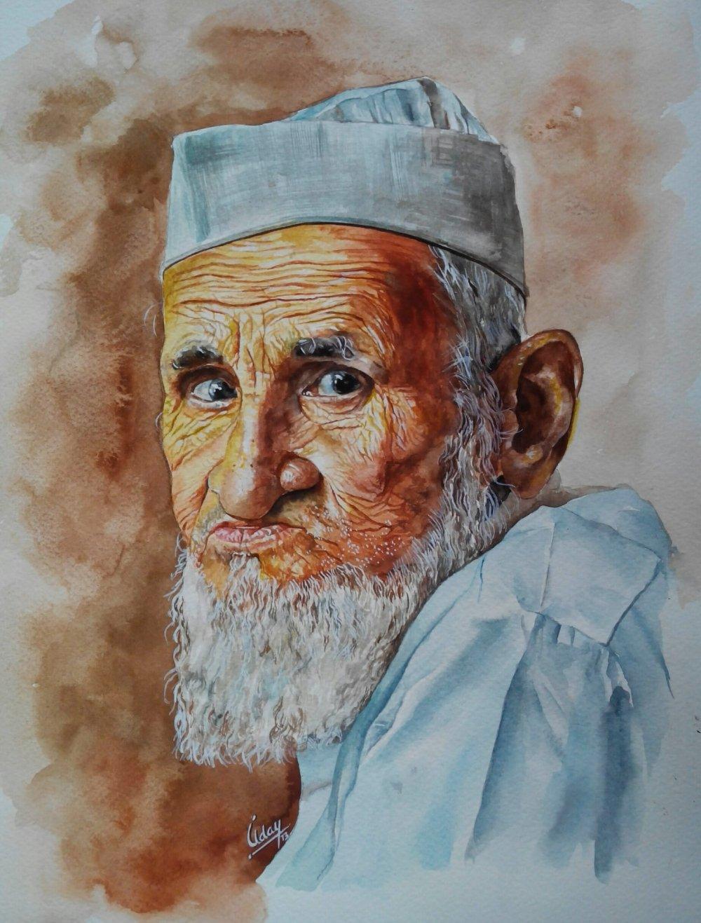 Portrait watercolor painting titled 'Old Man', 16x12 inches, by artist Dr.uday Bhan on Paper