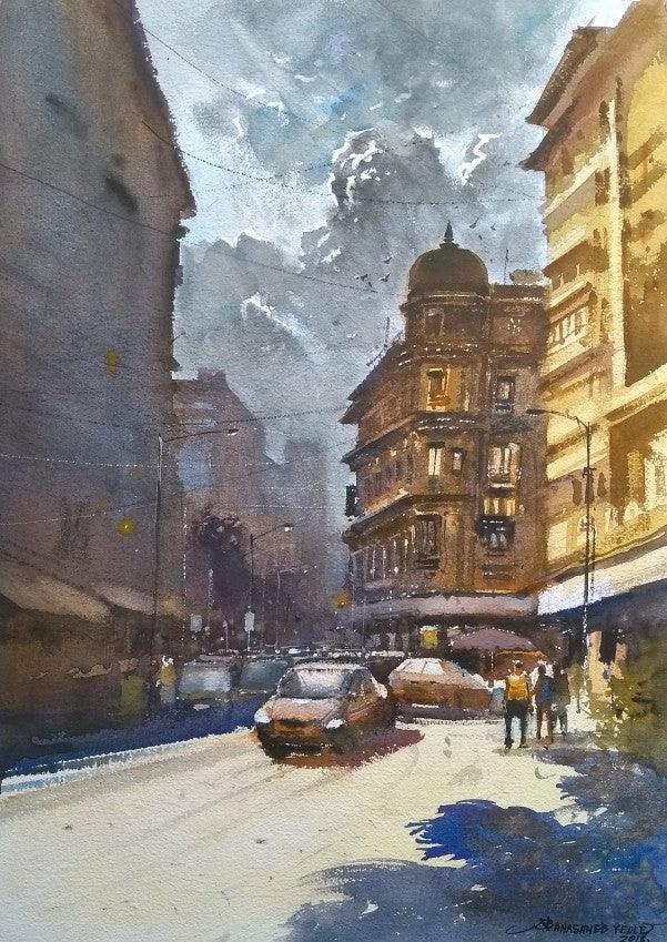 Cityscape watercolor painting titled 'Old Mumbai', 20x14 inches, by artist NanaSaheb Yeole on Paper