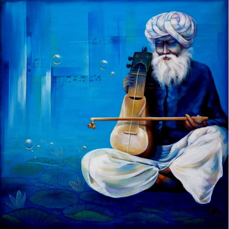 Figurative acrylic painting titled 'Old Musician', 30x30 inches, by artist Ram Onkar on Canvas