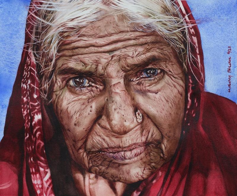 Realistic watercolor painting titled 'Old lady', 15x11 inches, by artist Dr Uday Bhan on Paper
