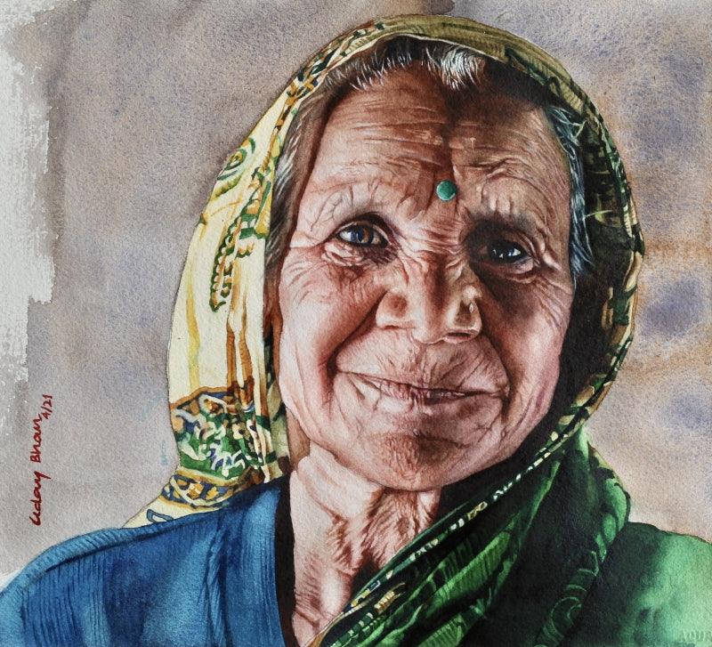 Realistic watercolor painting titled 'Old lady', 11x15 inches, by artist Dr Uday Bhan on Paper