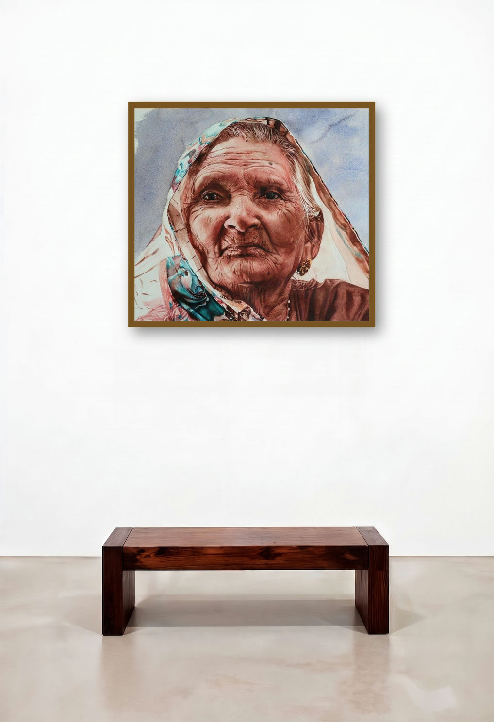 Old Lady (Portrait of Resilience) by artist Dr Uday Bhan displayed in a Elegant Study