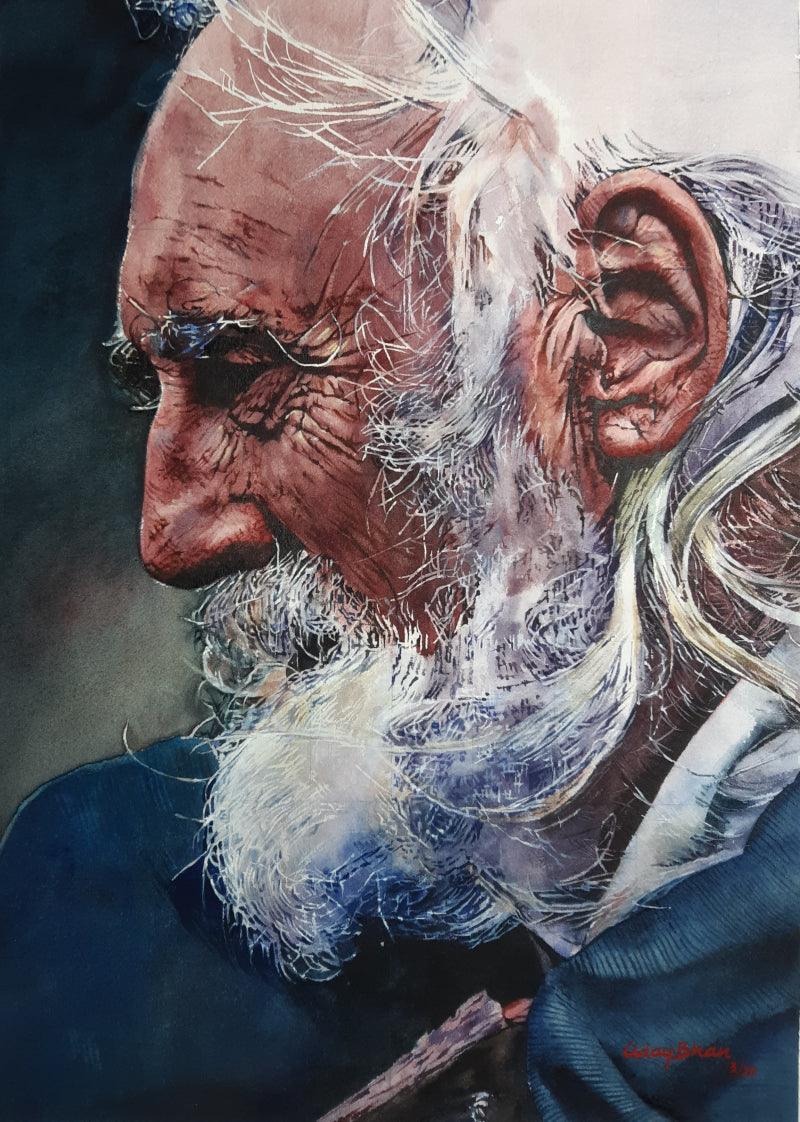 Portrait watercolor painting titled 'Old man', 15x12 inches, by artist Dr Uday Bhan on Paper
