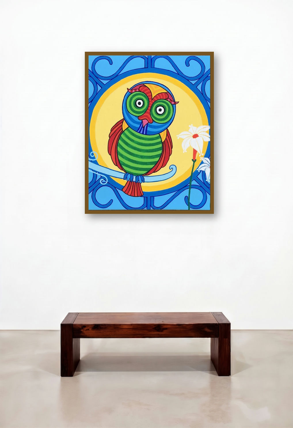 Owl 2 (Wise Owl) by artist Thota Laxminarayana displayed in a Contemporary Luxury Library
