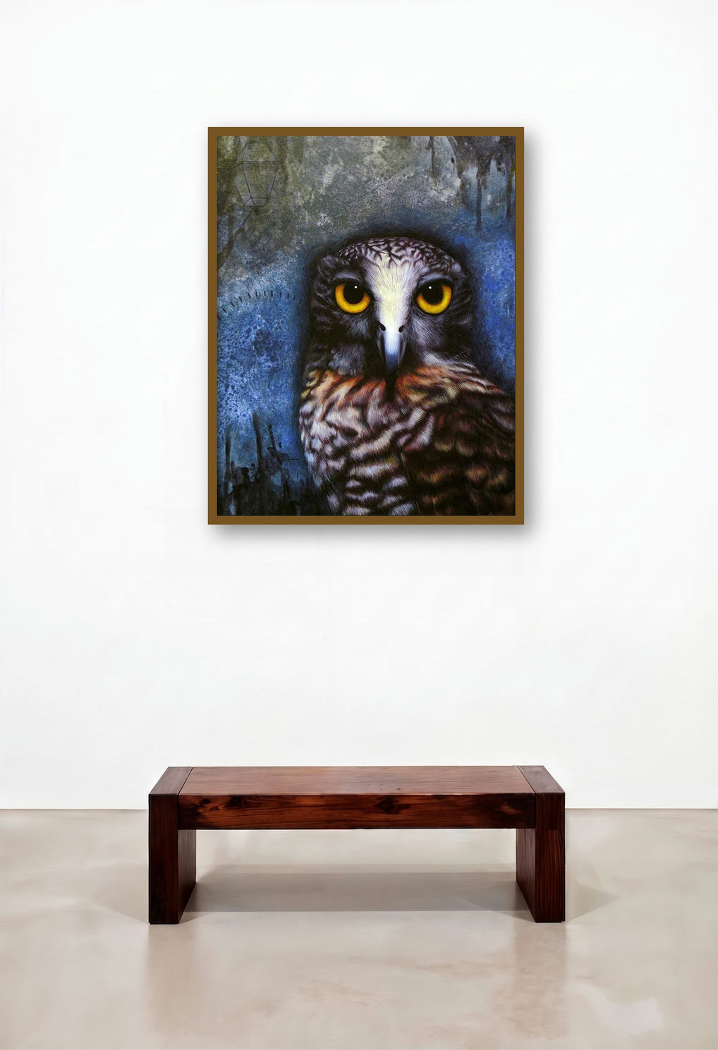 Owl (The Watchful Eye) by artist Ramesh Das displayed in a Coastal Family Room
