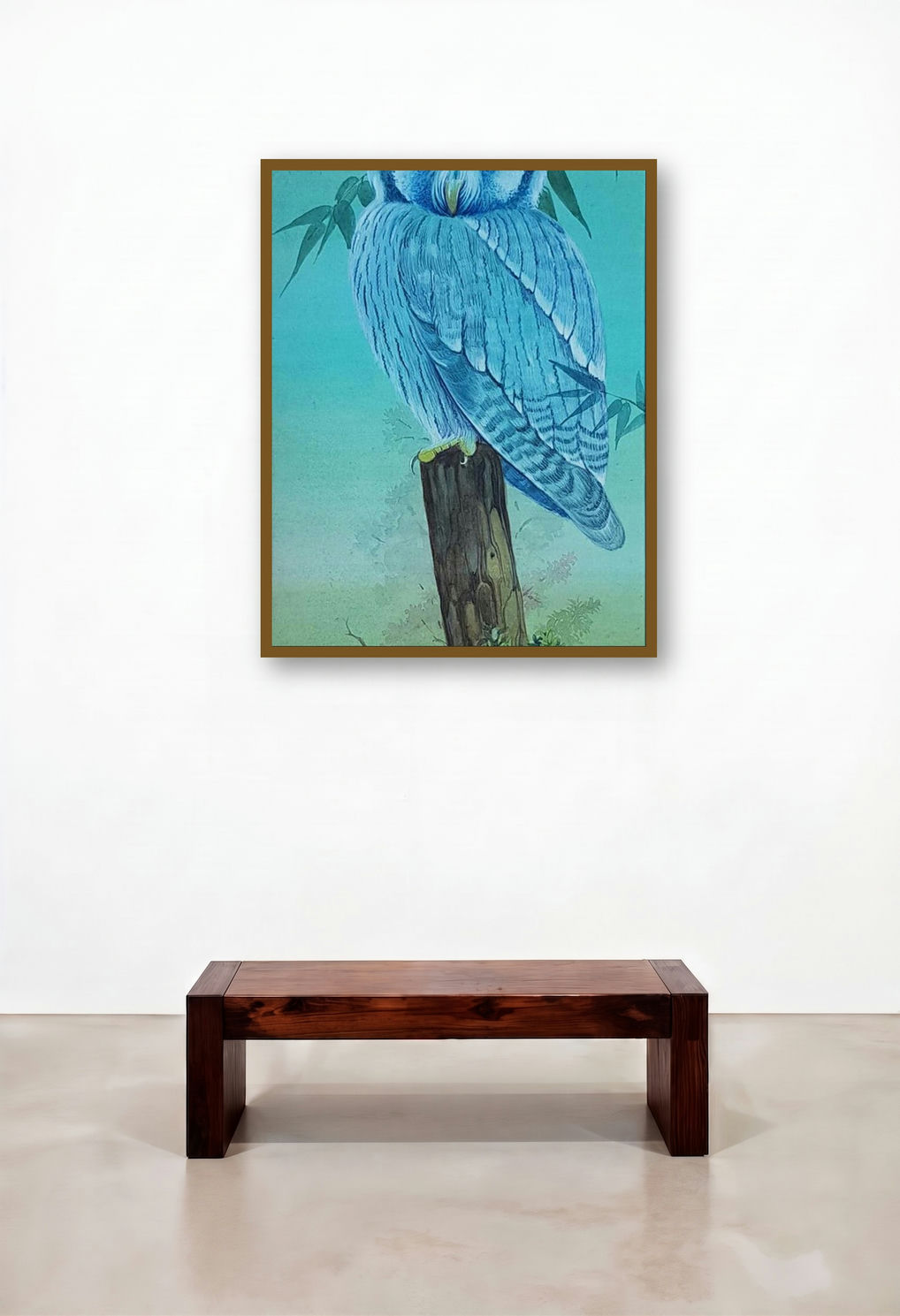 Owl (The Serene Sentinel) by artist Rina Roy displayed in a Minimalist Hotel Lobby