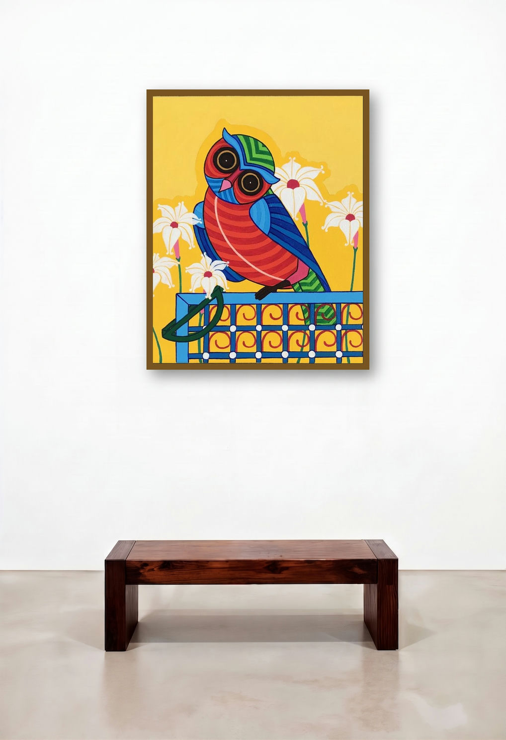Owl (Perched Owl) by artist Thota Laxminarayana displayed in a Luxury Bedroom