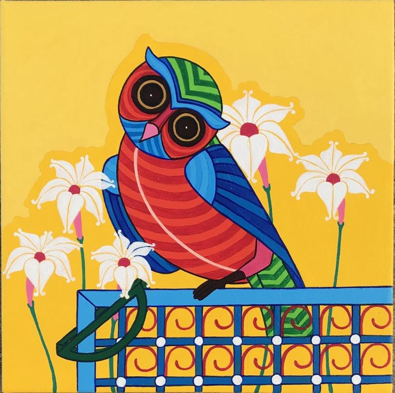 Animals acrylic painting titled 'Owl', 12x12 inches, by artist Thota Laxminarayana on Canvas