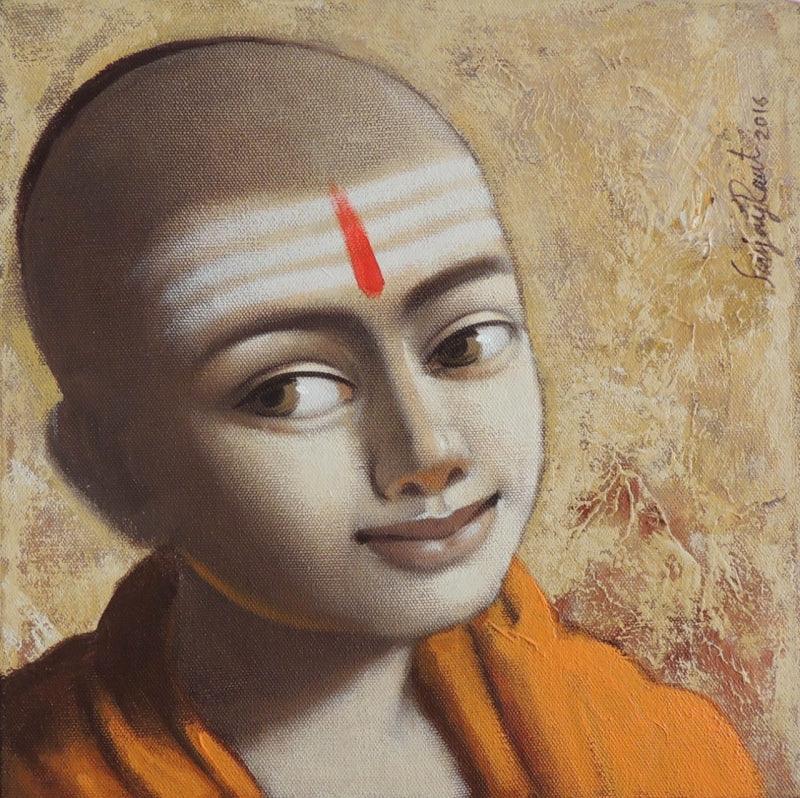Religious acrylic painting titled 'Pandit 2', 12x12 inches, by artist Sanjay Raut on Canvas