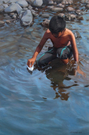 Figurative oil painting titled 'Paper Boat', 36x24 inches, by artist Manoj Deshmukh on Canvas