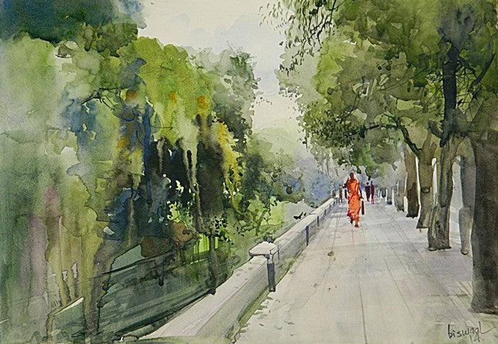 Nature watercolor painting titled 'Pathway', 11x16 inches, by artist Bijay Biswaal on Paper