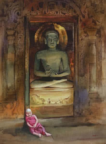 Religious watercolor painting titled 'Peace', 28x22 inches, by artist Kishor Nadavdekar on Paper