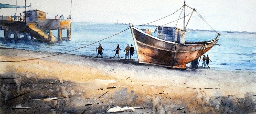 Seascape watercolor painting titled 'Peace', 18x28 inches, by artist Ramdas Thorat on Paper