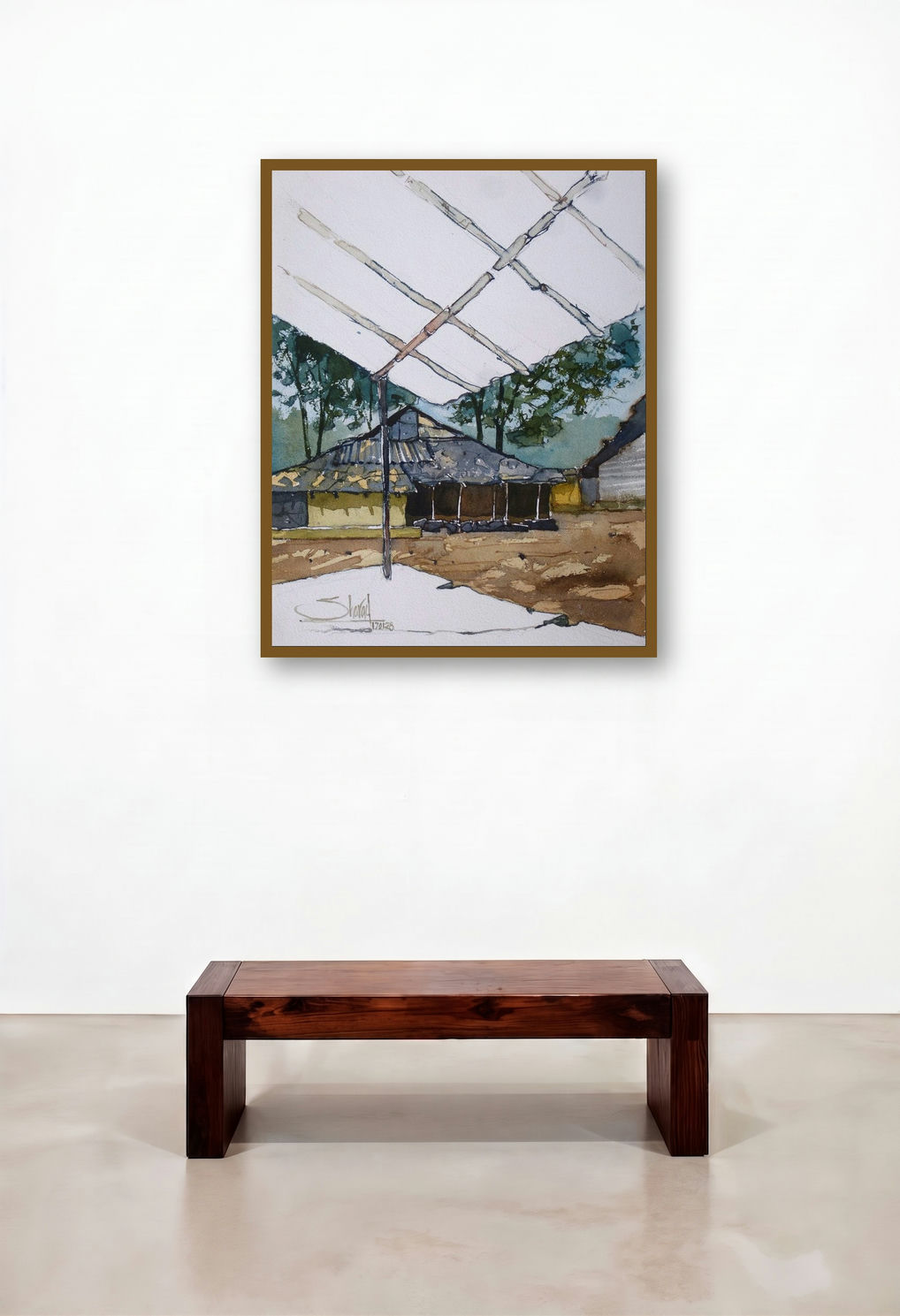 Peaceful Shadow (Under the Open Sky) by artist Sharad Tawade displayed in a Rustic Foyer