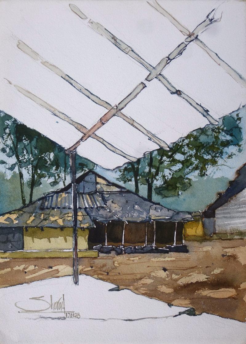 Landscape watercolor painting titled 'Peaceful Shadow', 14x10 inches, by artist Sharad Tawade on Paper